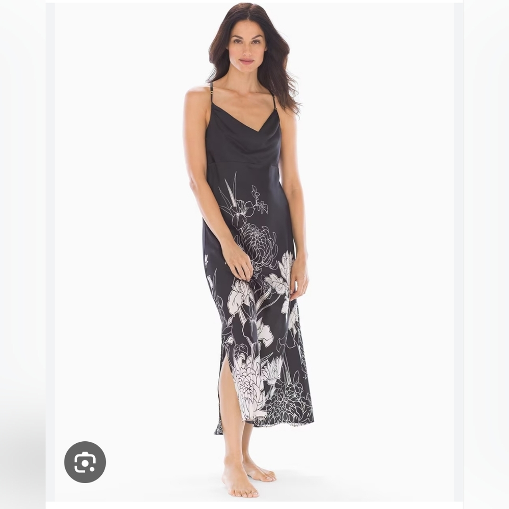 Soma Nightgown Chemise Gown 100%  Silk Black Cream Floral Drape Neck Mesh XL